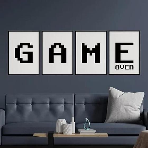 Imagem de Kit 4 Quadros Game Over Preto E Branco 33X24Cm - Com Vidro