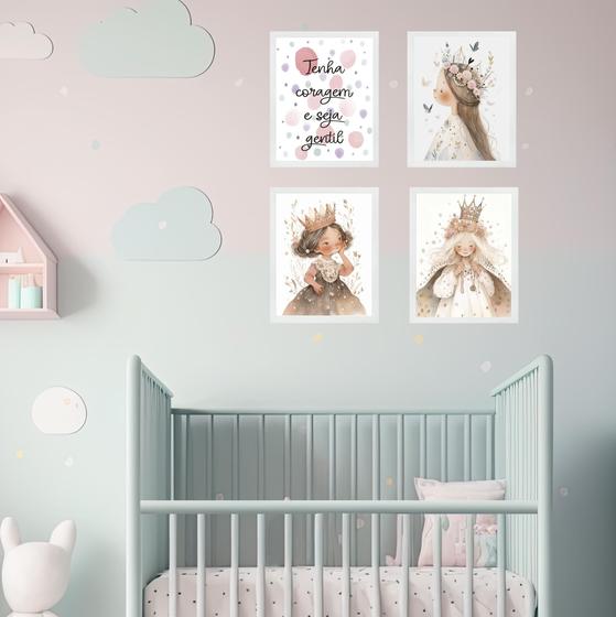 Imagem de Kit 4 Quadros Infantis Princesas - Tenha Coragem 24x18cm - com vidro
