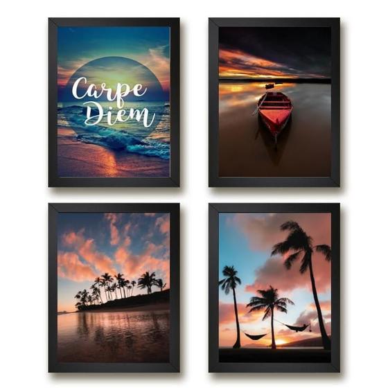 Imagem de Kit 4 Quadros Praia Por do Sol Carpe Diem 33x24cm