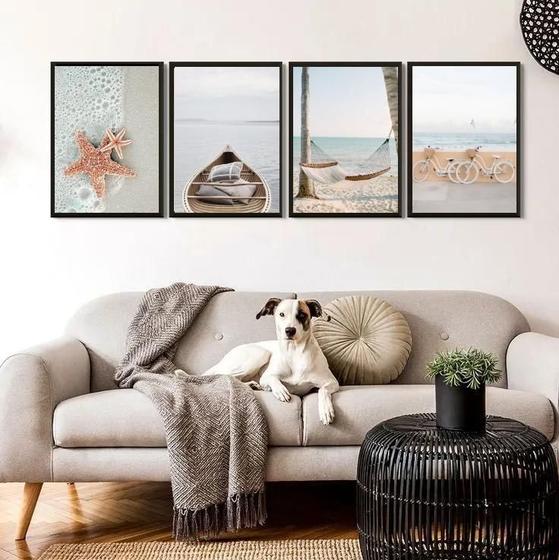Imagem de Kit 4 Quadros Praia Soft - Branco E Bege 45X34Cm - Com Vidro