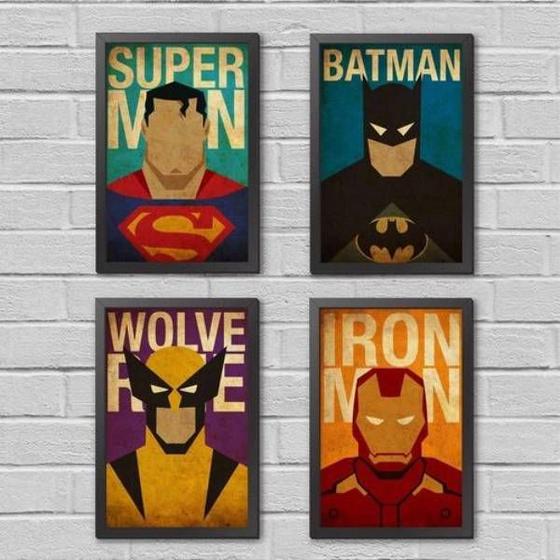 Imagem de Kit 4 Quadros Super Heróis 33x24cm - com vidro