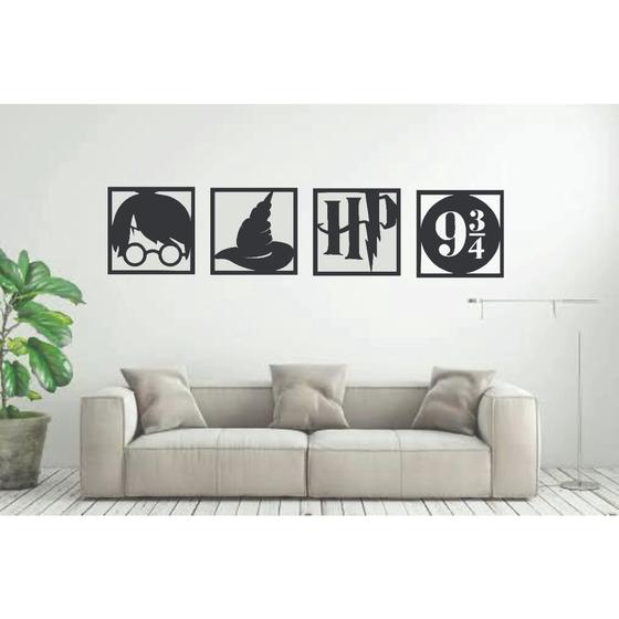 Imagem de Kit 4 quadros vazados decorativo Harry Potter em mdf de 3mm super tamanho instalados lado a lado ocupam 1 metro de compr