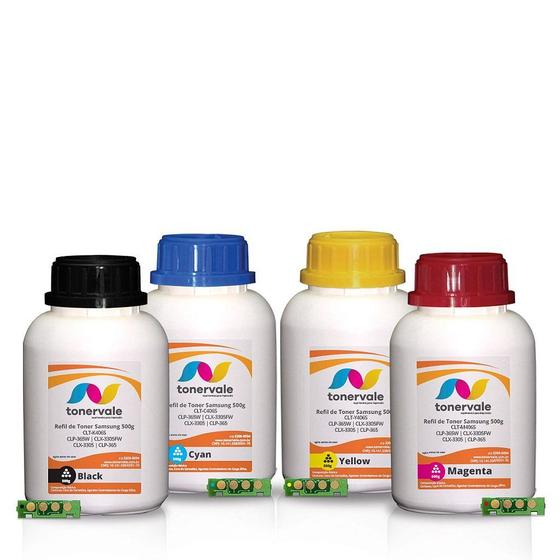 Imagem de Kit 4 Refil de Toner + 36 Chip TankFull Para Samsung CLT-406S CMYK - CLP-365W CLX-3305FW CLX-3305 CLP-365 de 500g