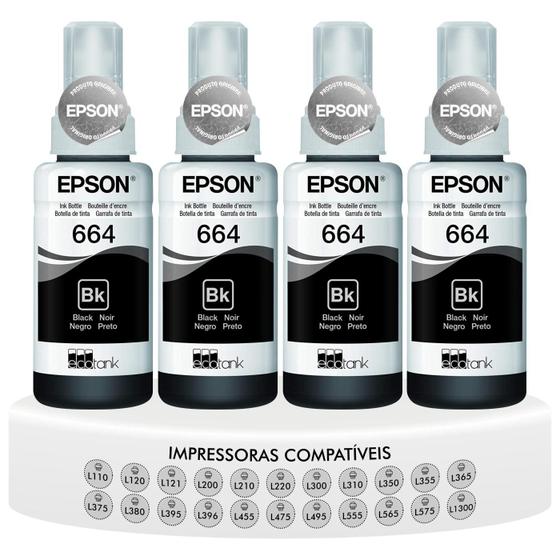 Imagem de Kit 4 Refis Tinta Preta T664 Original Epson L355 L365 L375 L395 L495