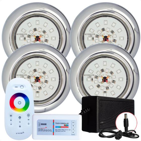 Imagem de Kit 4 Refletores Led 18w RGB Inox e Comando para Iluminação Piscina