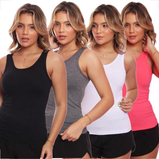 Imagem de Kit 4 Regatas Nadador Canelada Feminina Lisa Blusa Blusinha Básica