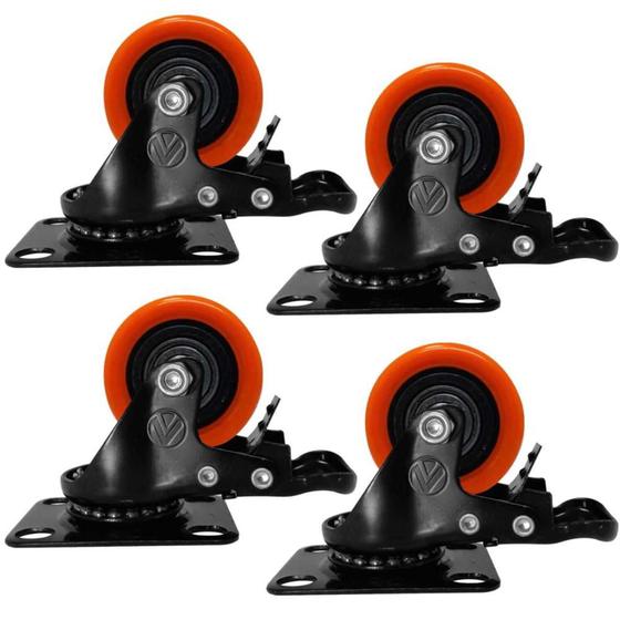 Imagem de Kit 4 Rodízio PVC Laranja 2" 50mm Giratório com Freio - A09120-GF - Ajax