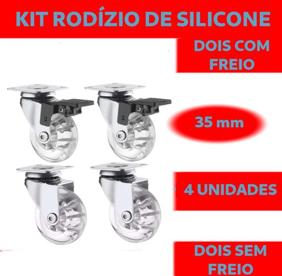 Imagem de Kit 4 rodízios 35mm de silicone para móveis 2 com freio e dois sem freio.