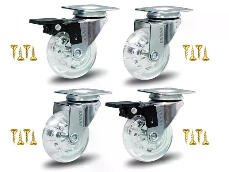 Imagem de Kit 4 Rodízios Silicone PVC Gel Cristal Placa 2" 50mm 40kg 2 Com Freio 2 Sem Freio - Colson