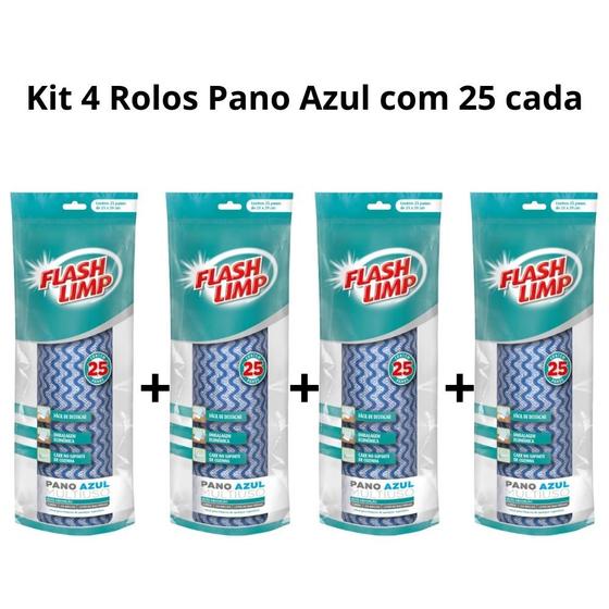 Imagem de Kit 4 Rolos Pano Multiuso Azul Limpeza Flashlimp 25 Unidades