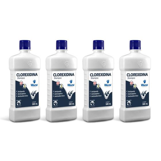 Imagem de Kit 4 Shampoo Clorexidina Dermatite Cães e Gatos World 500ml