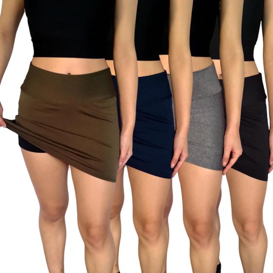 Imagem de Kit 4 Shorts Saias Femininos Justos Cós Lisos Cores Sortidas Suplex Pp ao Plus Size