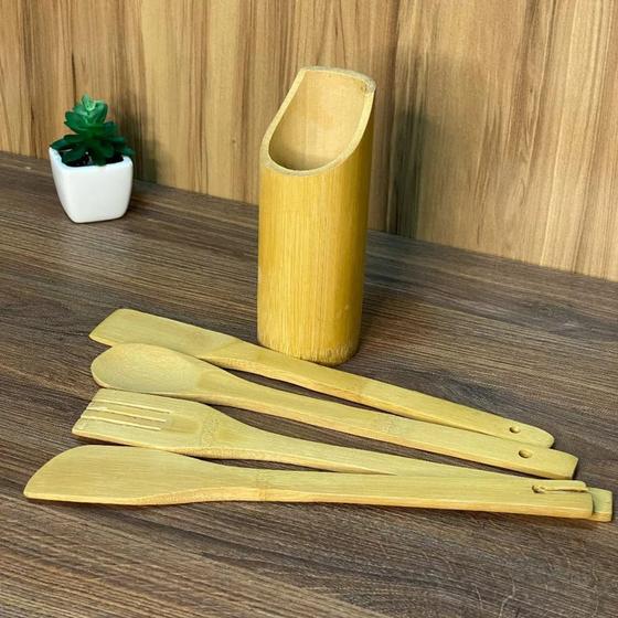 Imagem de Kit 4 talheres de bambu com suporte para cozinha multiuso