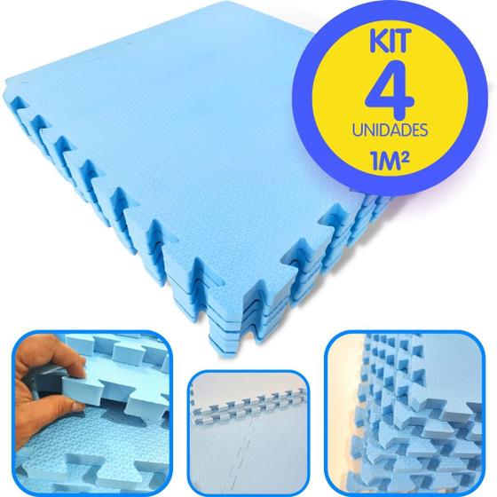 Imagem de Kit 4 Tapete Infantil EVA Estilo Piso Tatame 50x50cm 20mm Grosso Emborrachado Crianças Bebes Academia Exercícios c/ Encaixe + Bordas Acabamento