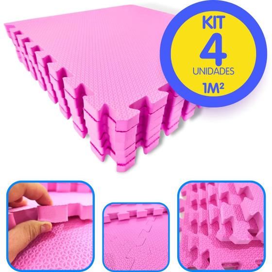 Imagem de Kit 4 Tapete Infantil EVA Estilo Piso Tatame 50x50cm 20mm Grosso Emborrachado Crianças Bebes Academia Exercícios c/ Encaixe + Bordas Acabamento