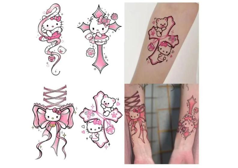 Imagem de Kit 4 Tatuagens Hello Kitty 10X6Cm Coloridas Delicadas