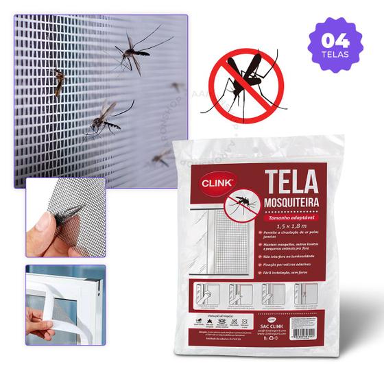 Imagem de Kit 4 Telas Mosquiteiras C/ tiras autocolantes Poliéster 150x180cm Proteção Eficiente