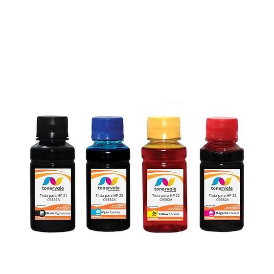 Imagem de Kit 4 Tinta Tankfull Para Cartucho HP 21 C9351A e 22 C9352A Impressora F4180 F380 D2460 de 100ml