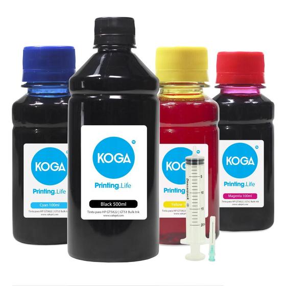 Imagem de Kit 4 Tintas para  GT5822  GT52 Bulk Ink Black 500ml e Coloridas 100ml Koga