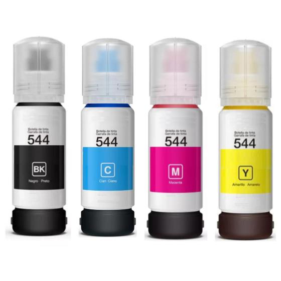 Quatro garrafas de refil de tinta Epson 544 nas cores preto, ciano, magenta e amarelo alinhadas lado a lado