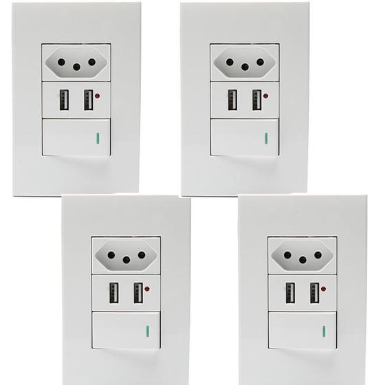 Imagem de Kit 4 Tomadas Com Interruptor Com 2 Entradas USB 5V 2.1A 023