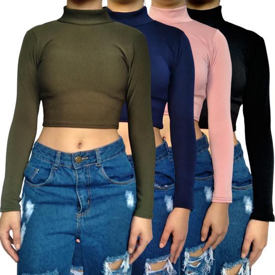Imagem de Kit 4 Tops Femininos Manga Longa Gola Alta Justos Lisos Cores Sortidas Malha Crepe Pp ao Plus Size