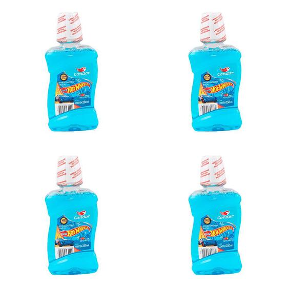 Imagem de Kit 4 Und Solução Bucal Condor Kids Infantil Suave Hot Wheels 250ml