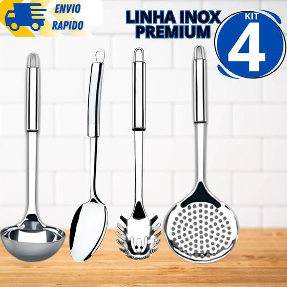 Imagem de Kit 4 Utensílio de Cozinha Inox Premium Escumadeira Concha Colher de Arroz e Pegador de Massas