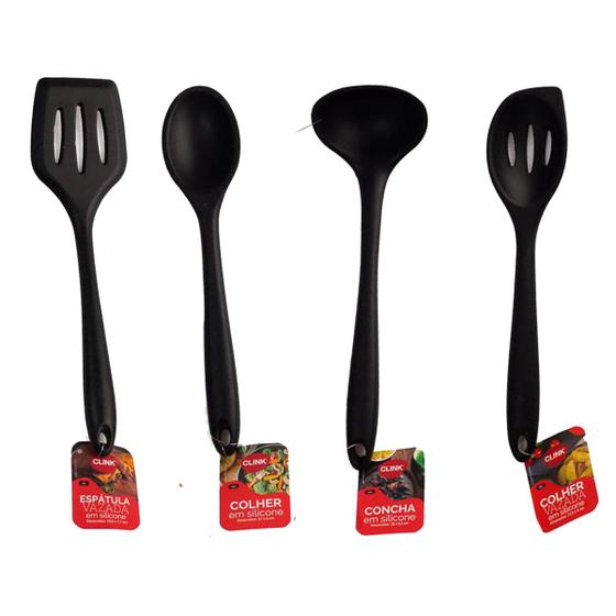 Imagem de Kit 4 Utensílios De Silicone Colher Espátula Concha Vazado Preto