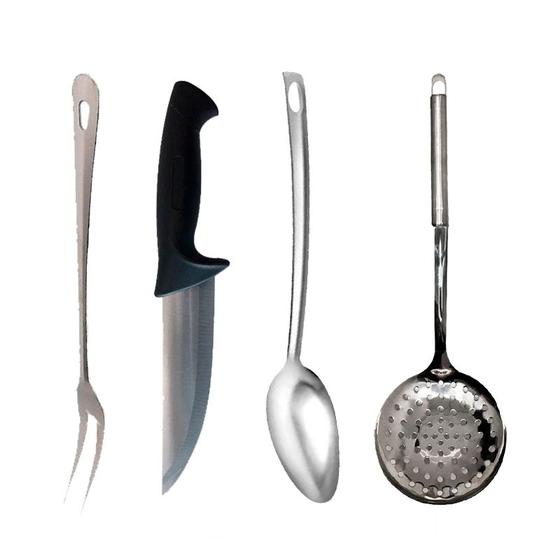 Imagem de Kit 4 Utensílios Inox Faca Colher Garfo Escumadeira