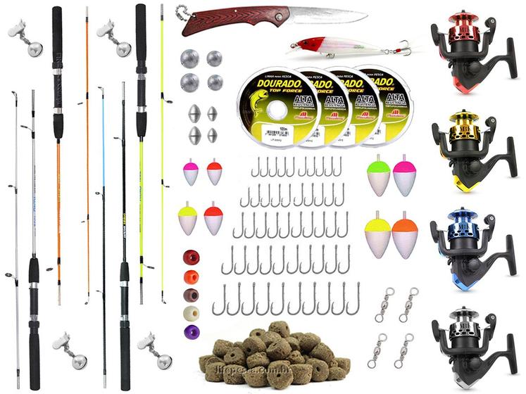 Imagem de Kit 4 Varas 1,35m (2 Partes) + 4 Molinete + Acessórios (Ref. 43)