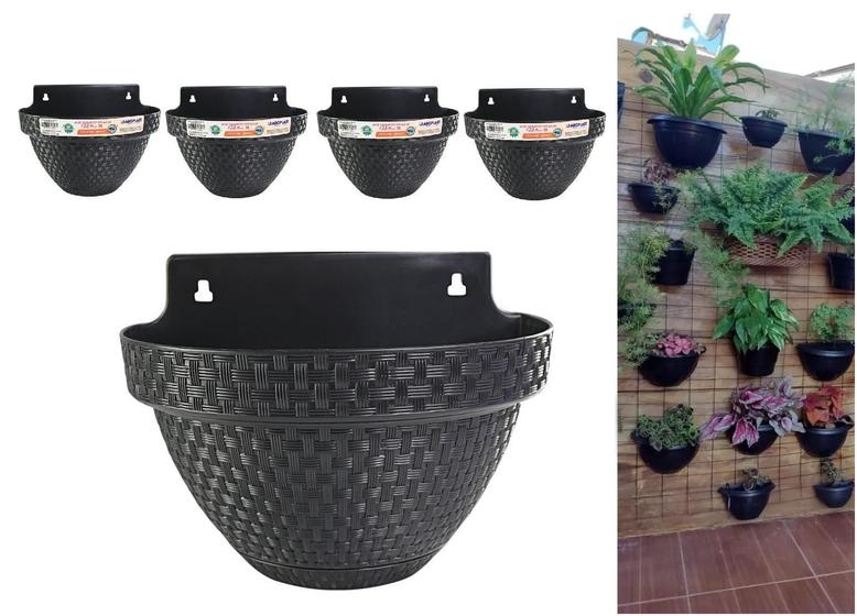 Imagem de Kit 4 Vaso Parede Meia Lua Rattan Preto Jardinagem 3 Litros