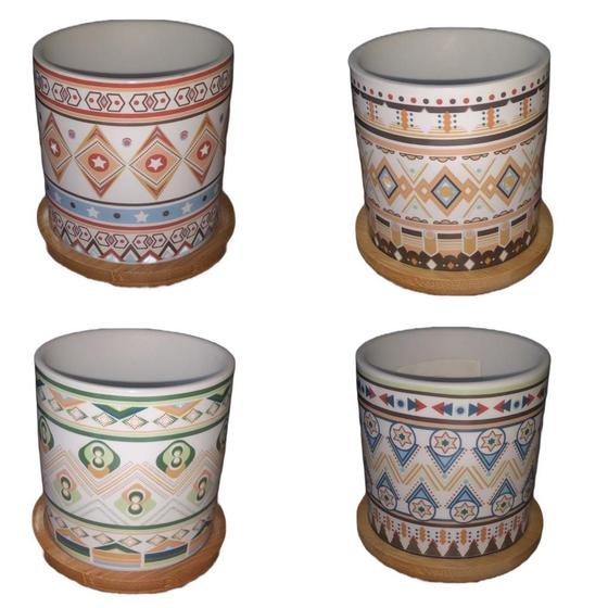 Imagem de Kit 4 Vasos Decorativo de Ceramica Pequenas Com Base de Bambu 8,5x8 cm