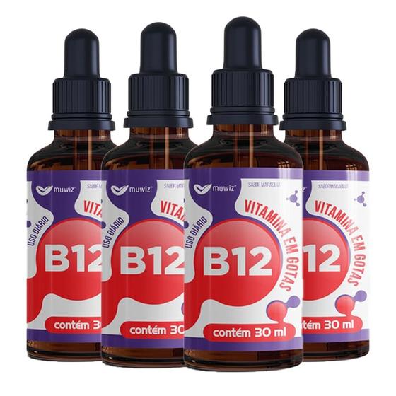 Imagem de KIT 4 VITAMINA B12 GOTAS 30ml SABOR MARACUJÁ CIANOCOBALAMINA MUWIZ