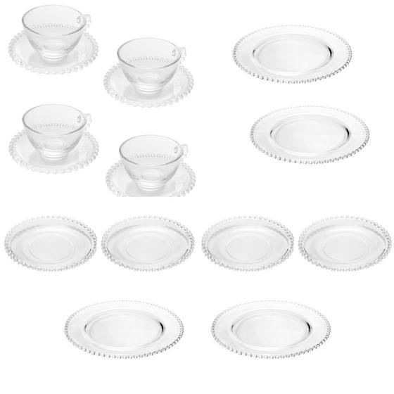 Imagem de Kit 4 Xícaras com Pires + 4 Pratos Sobremesa + 4 Pratos Jantar Pearl Wolff