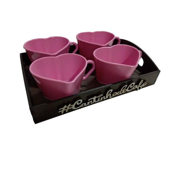 Imagem de Kit 4 xícaras coração rosa com bandeja cantinho do café