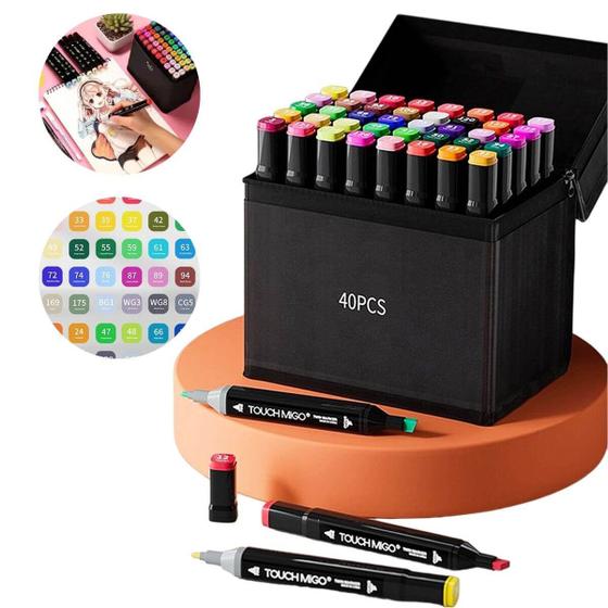 Imagem de Kit 40 Caneta Marcador Permanente Colorida Ponta Dupla Com Estojo Bolsa Desenho Artístico Arte Colorir Brush Letter