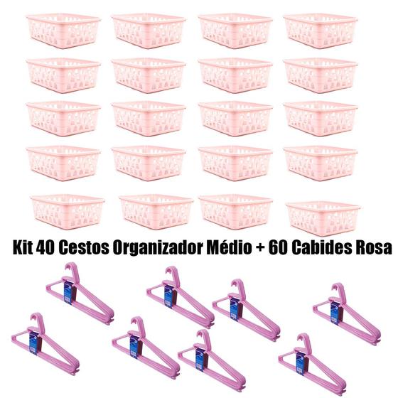 Imagem de Kit 40 Cestos Organizador Médio 20x15,5x6,5C+60Cabides Rosa