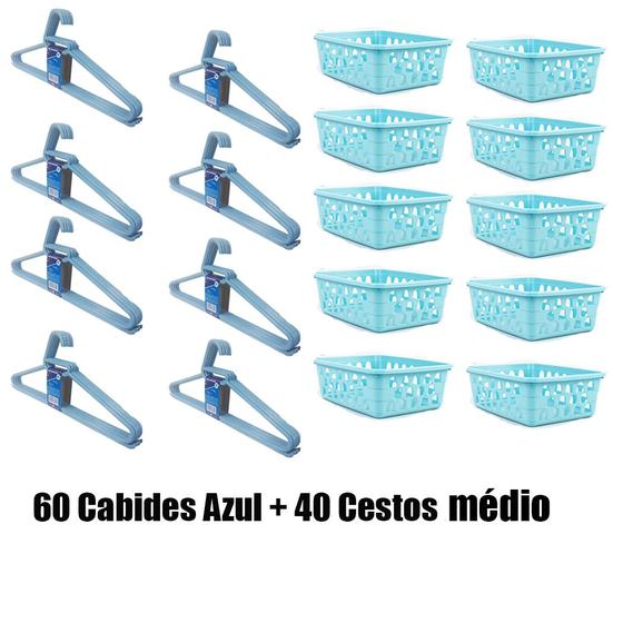 Imagem de Kit 40 Cestos Organizador Médio 20x15,5x6,5Cm + 60 Cabides Azul