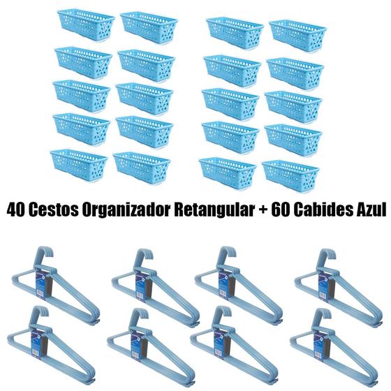 Imagem de Kit 40 Cestos Organizador Retangular 28x11x8+60Cabides Azul