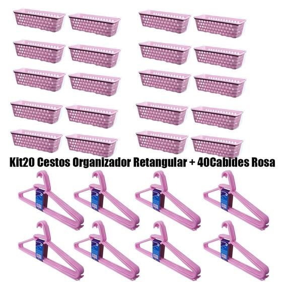 Imagem de Kit 40 Cestos Organizador Retangular 28x11x8Cm + 60 Cabides Rosa