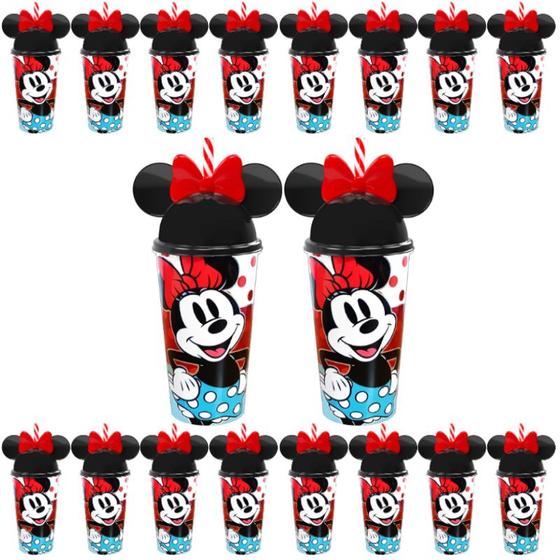 Imagem de Kit 40 Copos Minnie Vermelha Com Orelhas e Canudo Sacolinha Surpresa Aniversário
