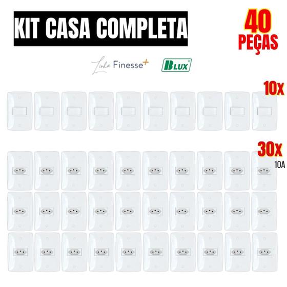 Imagem de Kit 40 peças contem 10 interruptores simples e 30 tomadas 10a 2p+t branca modular linha finesse blux com placa 4x2 padrão novo 