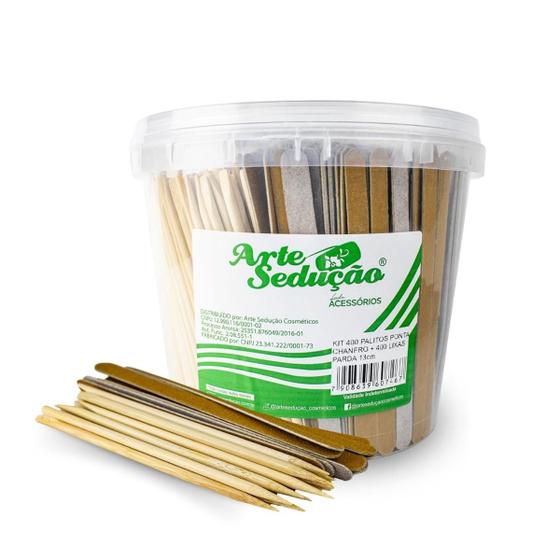 Imagem de Kit 400 Palito Bambu Ponta Chanfro + 400 Lixa Parda + Balde