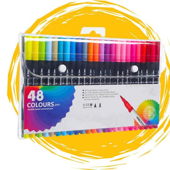 Imagem de Kit 48 Caneta 2 em 1 Brush Lettering e Ponta Fina Dual Pen Canetinha Colorir Desenho
