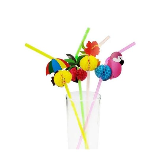 Imagem de Kit 48 Canudo Colorido para Drinks Festas Canudo Flexível Frutas Guarda-chuva Festa Tropical Flamingo Canudo para Bar