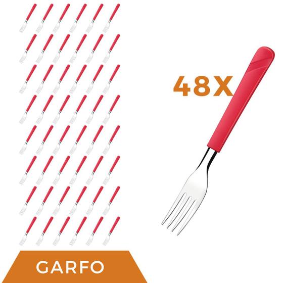 Imagem de Kit 48 Peças Garfos Aço Inox Plástico Vermelho Luna Almoço