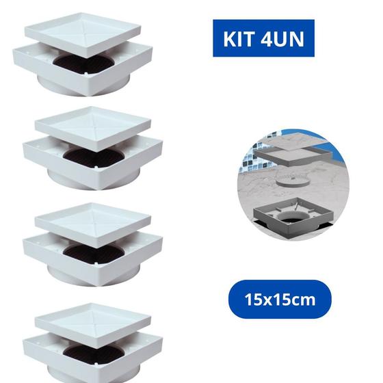 Imagem de KIT 4UN Ralo Oculto 15x15 Seca Piso Porcelanato Invisível Anti Odor/inseto com Tela Branco Quadrado Banheiro Quintal Cozinha Sofisticado Prático