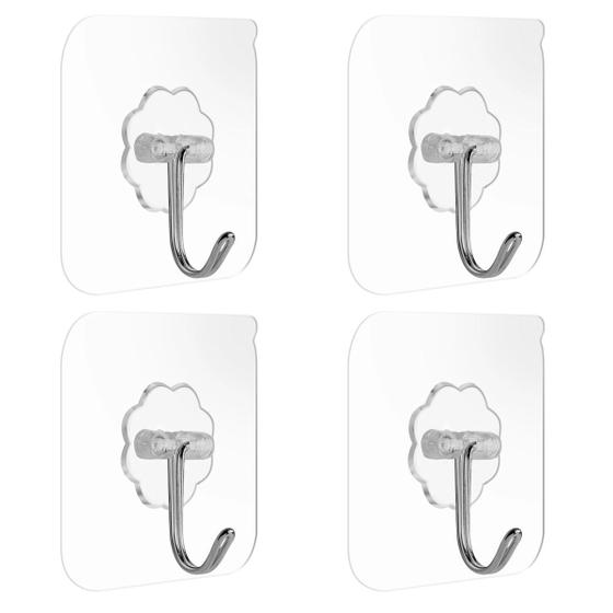 Imagem de Kit 4x Ganchos Adesivo Parede Multiuso Transparente Sem Furo Banheiro Quarto Cozinha