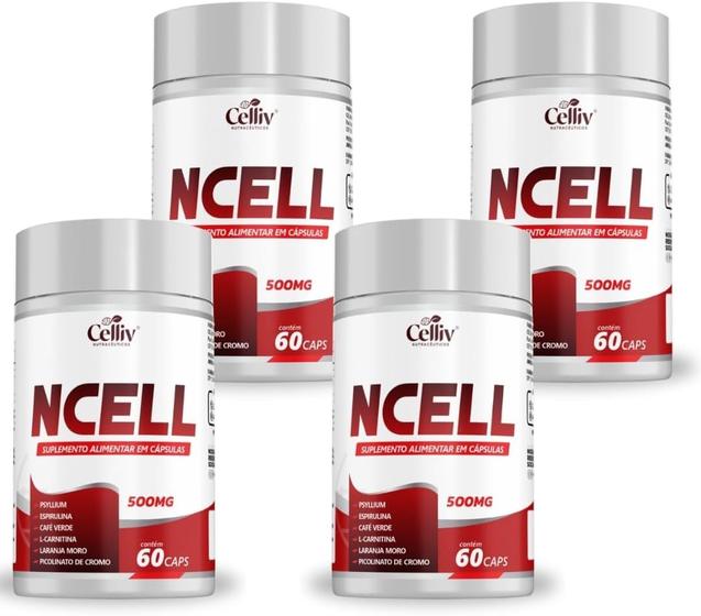 Imagem de Kit 4x NCELL (Psyllium, Espirulina, Café Verde, L-Carnitina, Laranja Moro e Cromo) 60 Caps Celliv